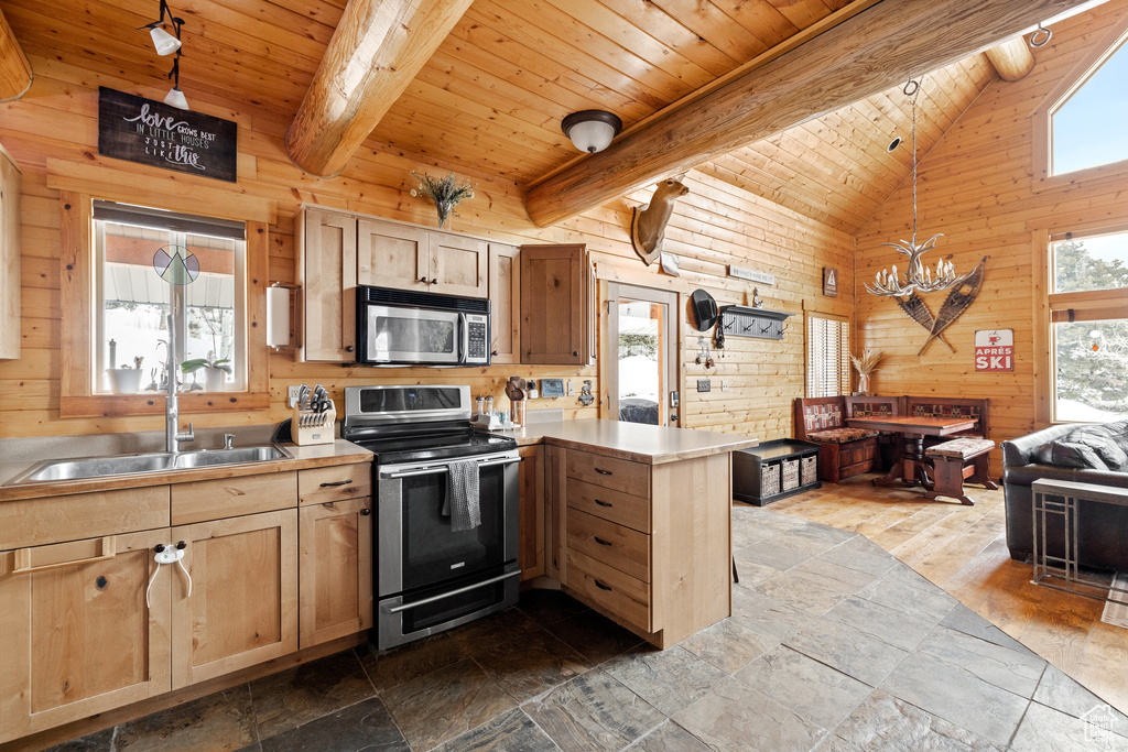 Kitchen with stainless steel appliances, a sink, a peninsula, a chandelier, and wood walls