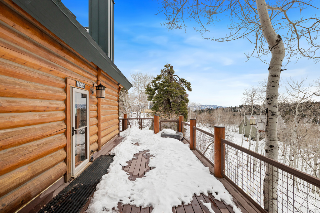 Yard covered in snow with a mountain view