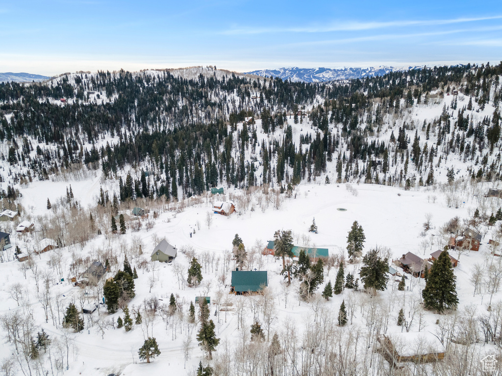 Snowy aerial view featuring a mountain view