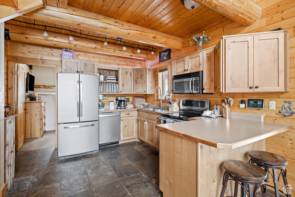 Kitchen featuring appliances with stainless steel finishes, a peninsula, light brown cabinets, wood ceiling, and wood walls