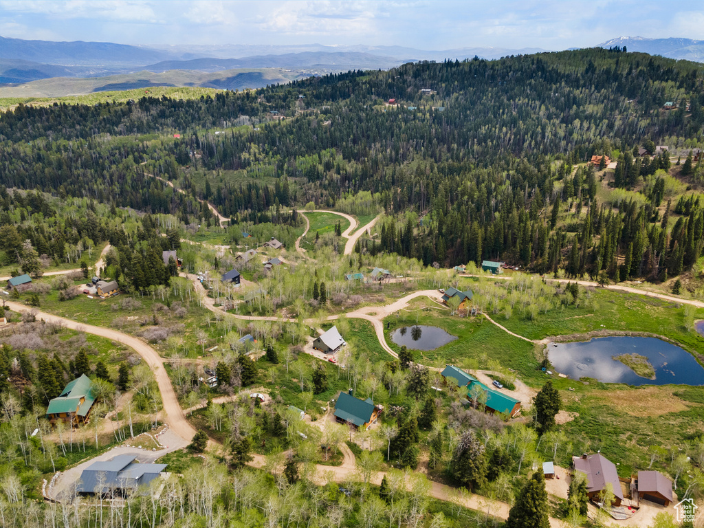Aerial overview of property\'s location featuring a forest and a water and mountain view