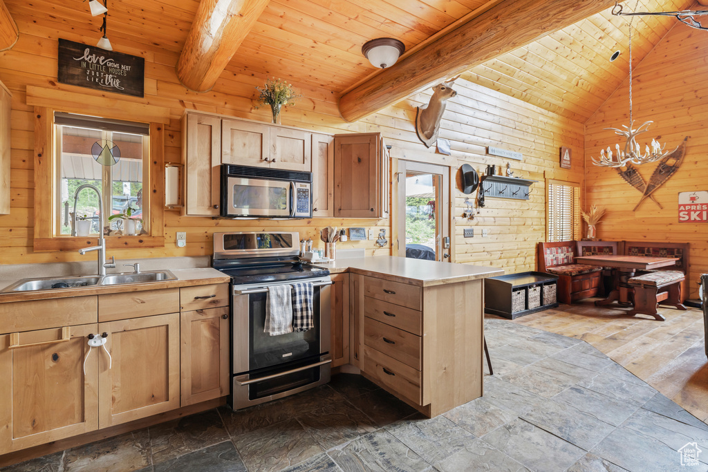 Kitchen with appliances with stainless steel finishes, a sink, wooden ceiling, a peninsula, and wood walls