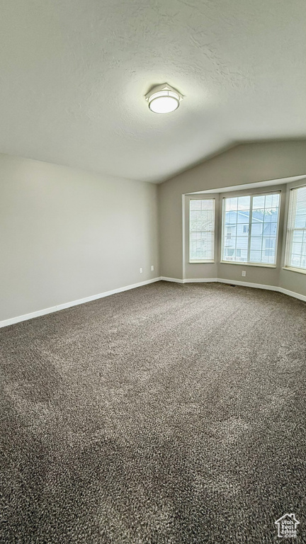 Empty room with vaulted ceiling, healthy amount of natural light, carpet floors, a textured ceiling, and baseboards