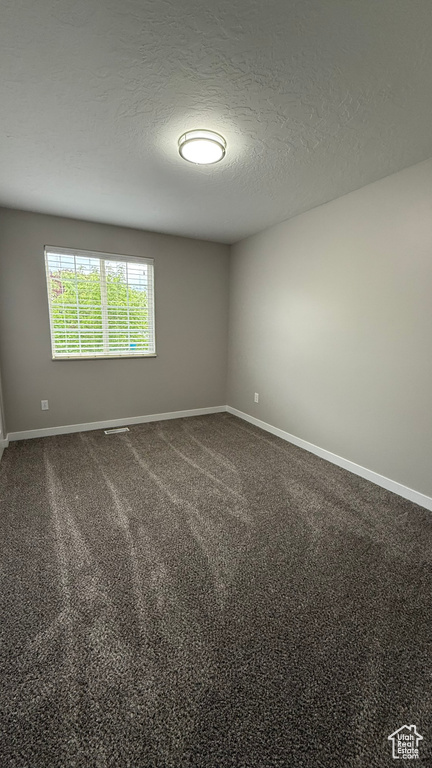 Spare room with baseboards, dark colored carpet, and a textured ceiling