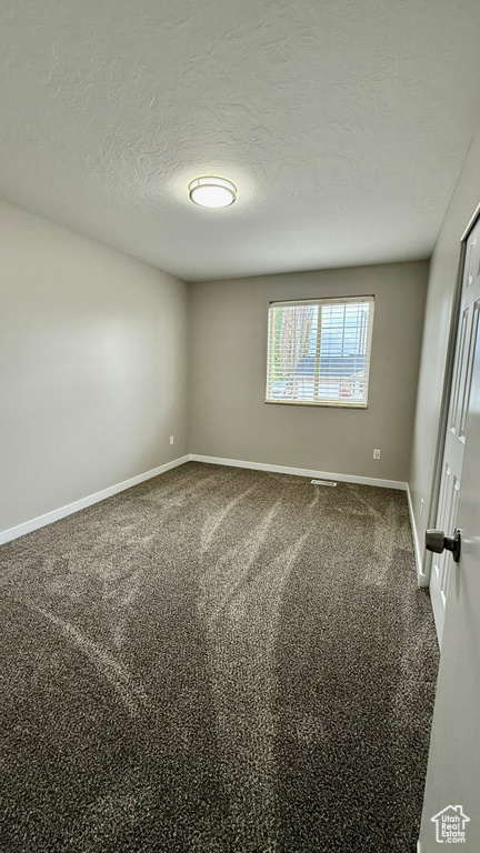 Spare room with a textured ceiling, carpet flooring, and baseboards