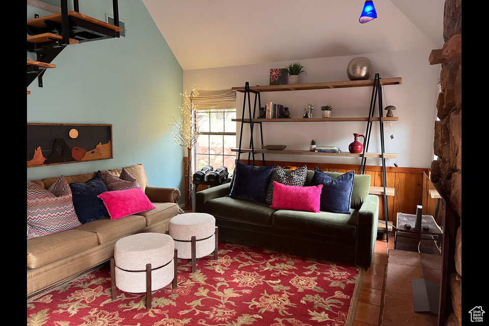 Living area with vaulted ceiling