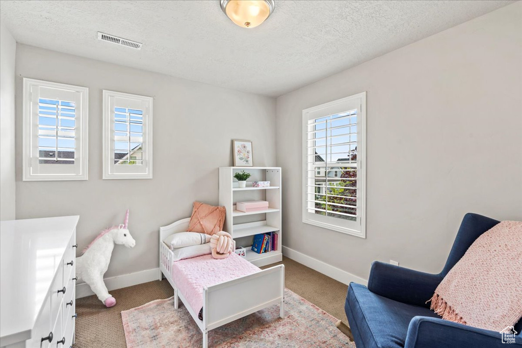 Carpeted bedroom featuring visible vents, a textured ceiling, and baseboards