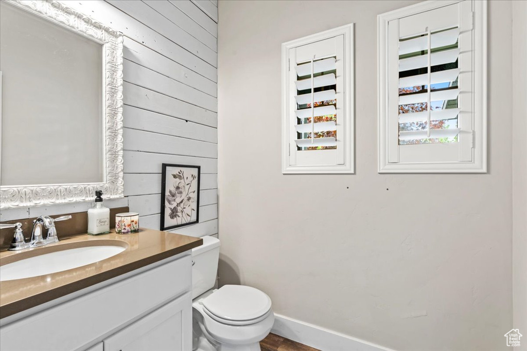 Bathroom with vanity, wood walls, and toilet