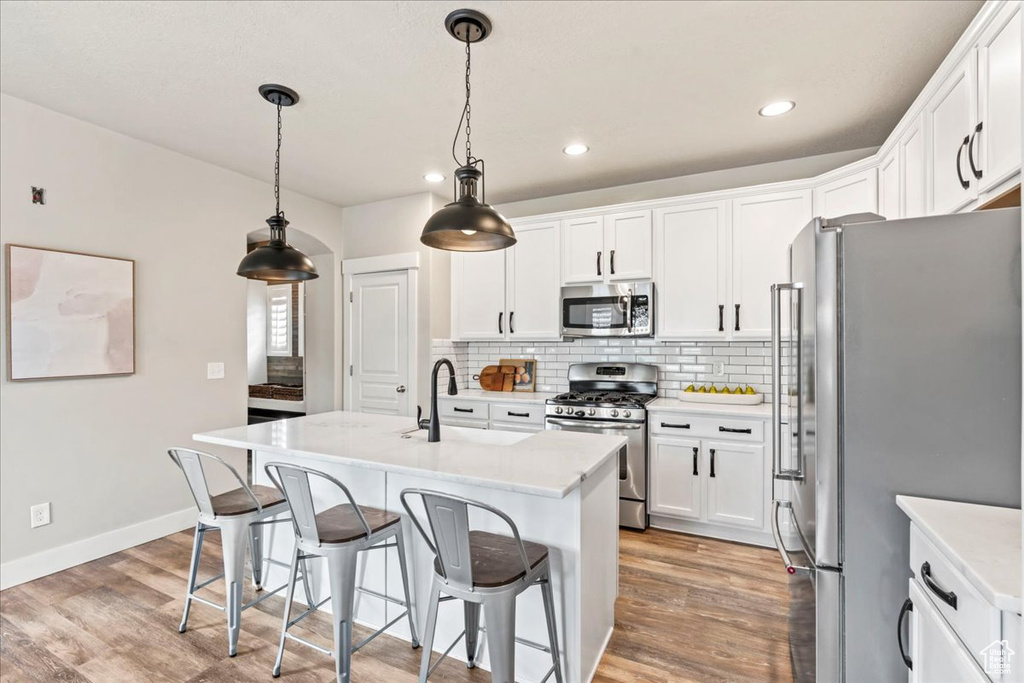 Kitchen with light countertops, stainless steel appliances, light wood finished floors, and tasteful backsplash