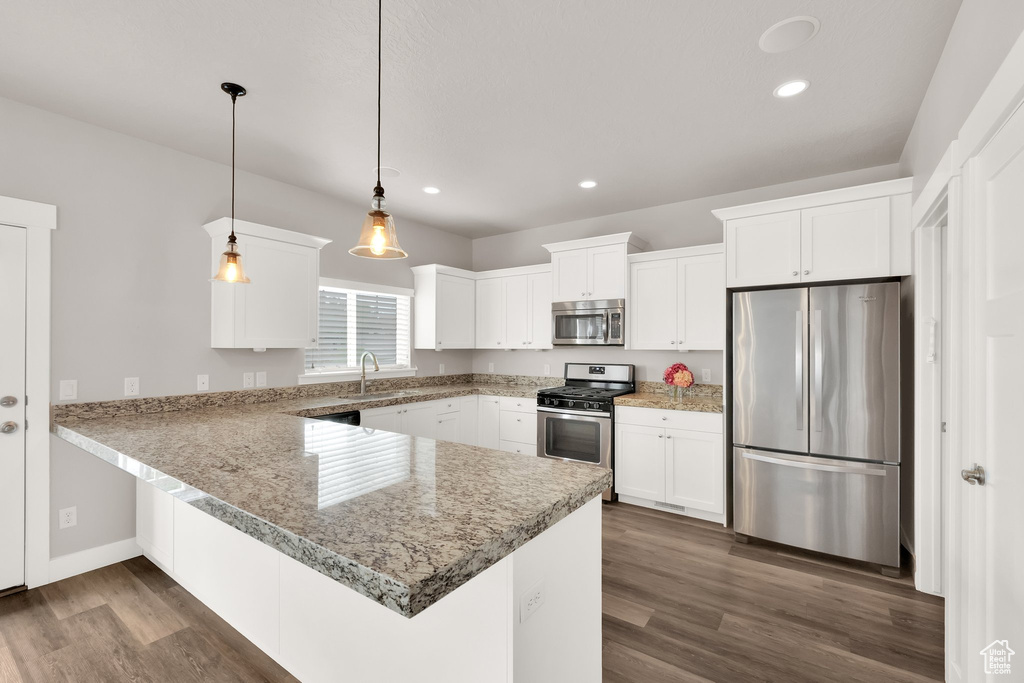 Kitchen with appliances with stainless steel finishes, a peninsula, dark wood finished floors, white cabinetry, and recessed lighting