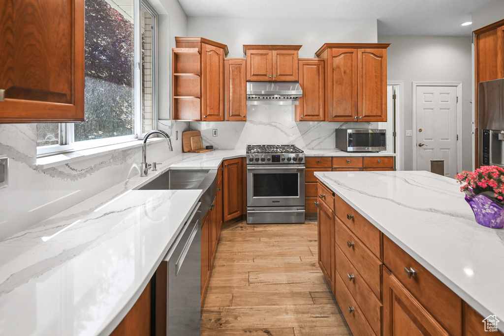 Kitchen with a sink, recessed lighting, under cabinet range hood, light wood finished floors, and appliances with stainless steel finishes