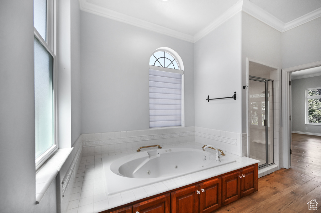 Full bathroom with crown molding and a shower stall