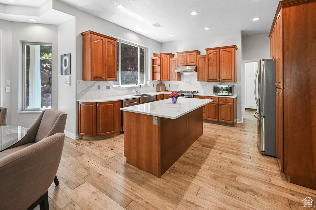Kitchen featuring a sink, stainless steel appliances, under cabinet range hood, light wood-style floors, and decorative backsplash