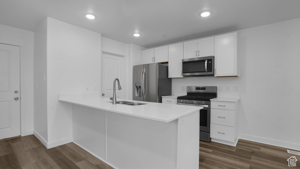 Kitchen with appliances with stainless steel finishes, a sink, baseboards, dark wood finished floors, and recessed lighting