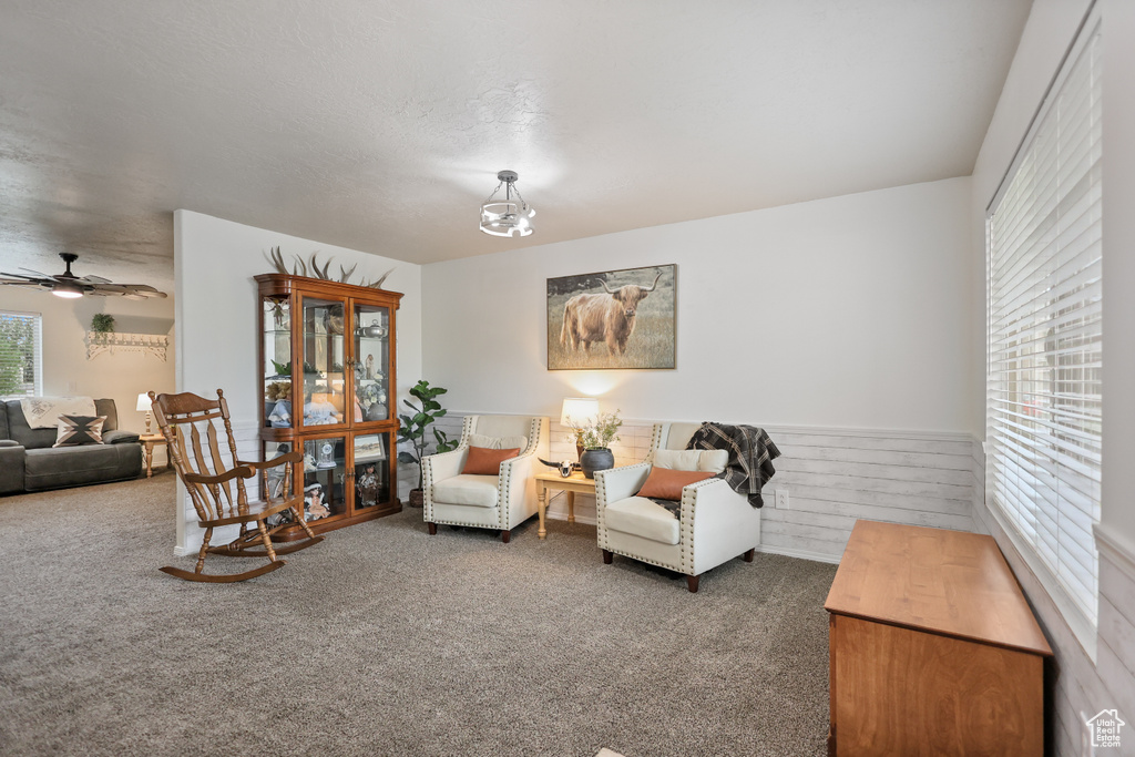 Living room with carpet flooring and a ceiling fan