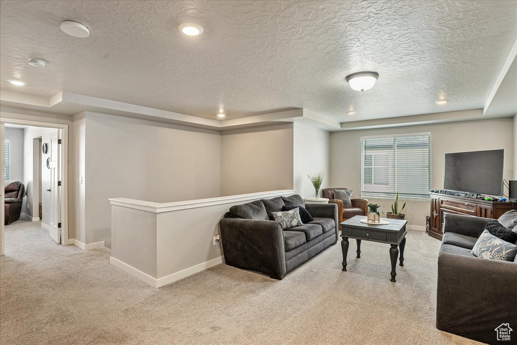 Living room featuring a tray ceiling, light colored carpet, baseboards, and a textured ceiling