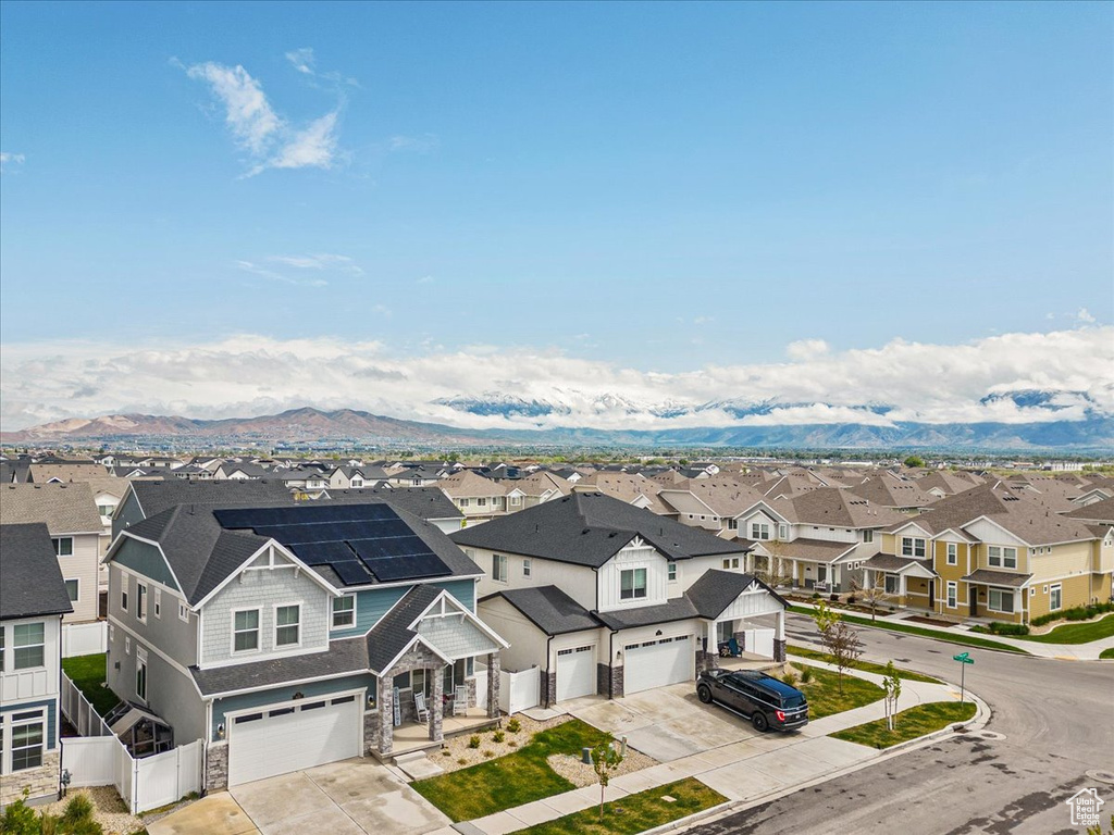 Aerial perspective of suburban area featuring mountains