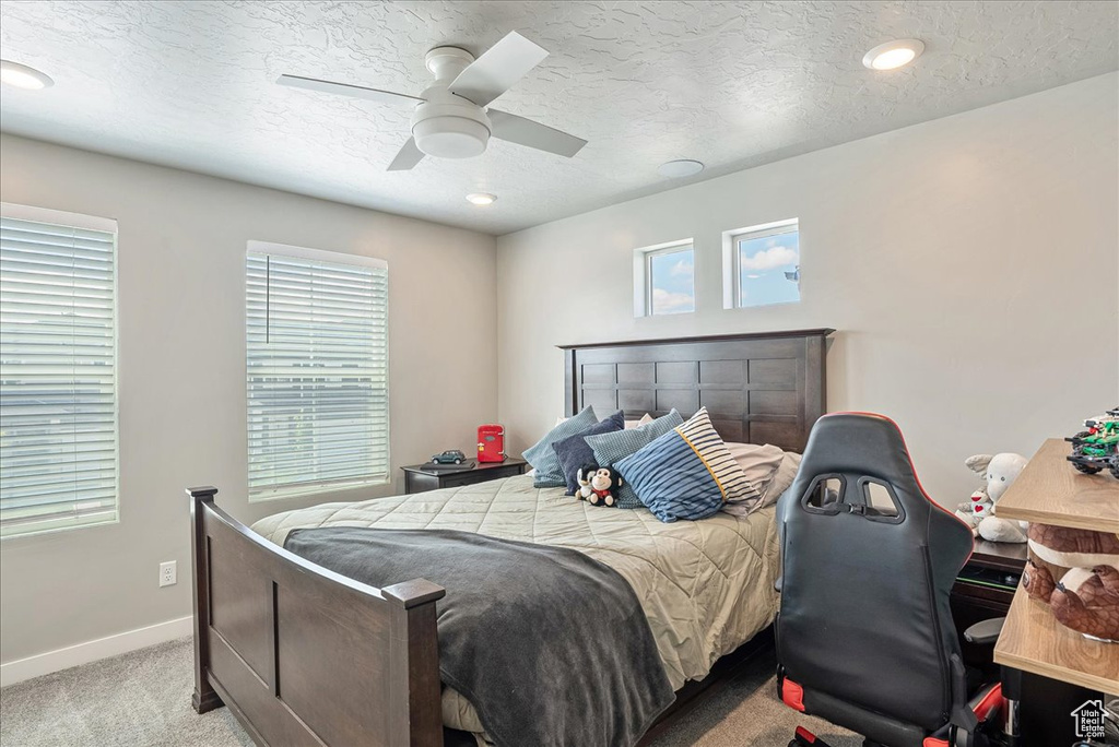 Carpeted bedroom with baseboards, multiple windows, a ceiling fan, and a textured ceiling