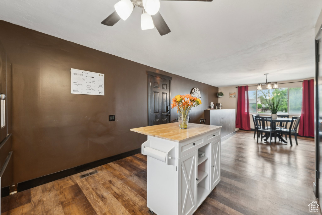Kitchen with open shelves, white cabinets, dark wood-type flooring, and ceiling fan