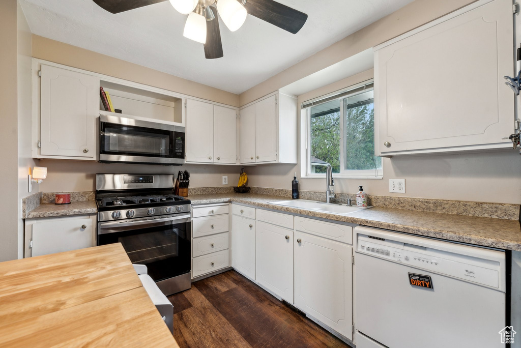 Kitchen with stainless steel appliances, a sink, ceiling fan, dark wood-style floors, and white cabinetry