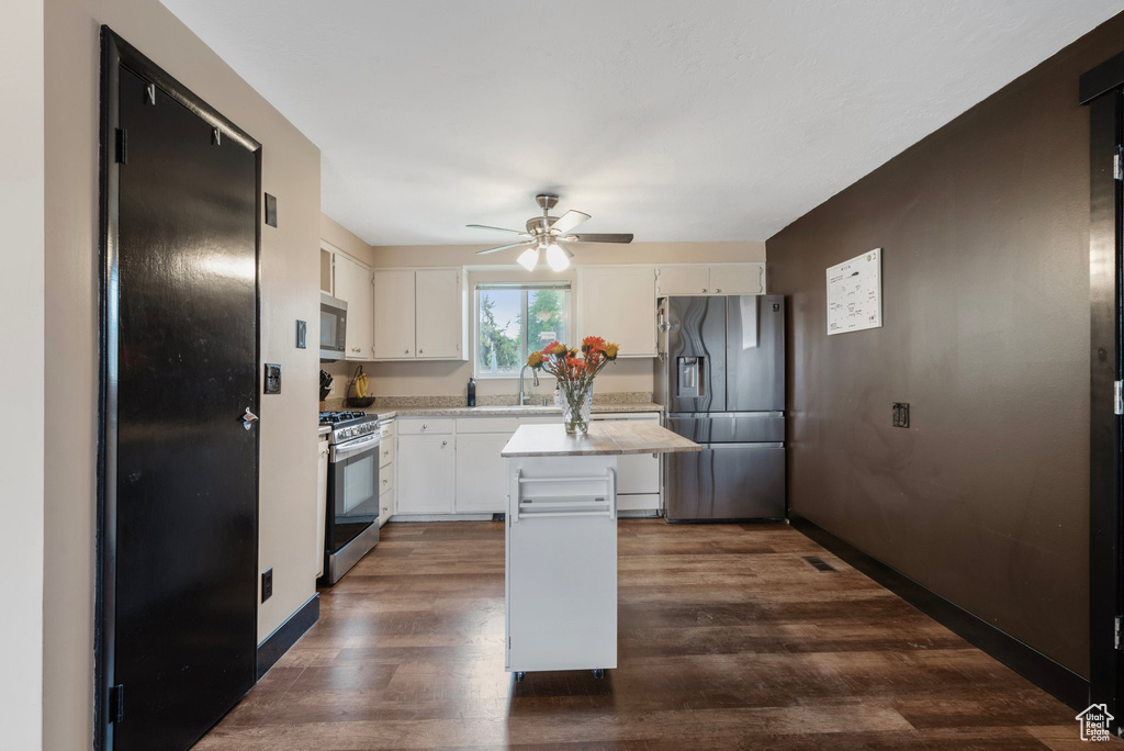 Kitchen featuring appliances with stainless steel finishes, light countertops, a center island, a sink, and ceiling fan