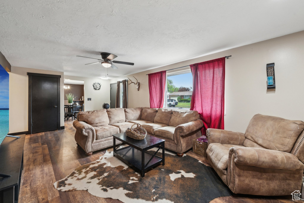 Living room with wood finished floors, ceiling fan, and a textured ceiling