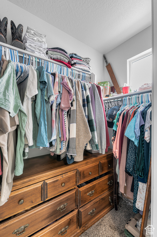 Walk in closet with carpet flooring
