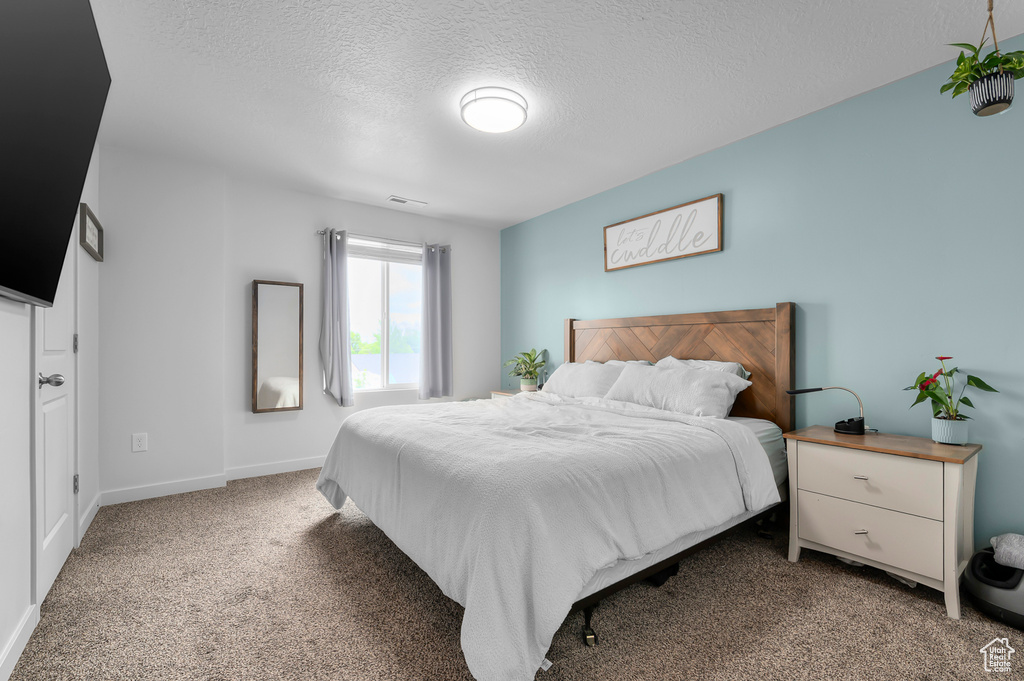Bedroom featuring carpet flooring, a textured ceiling, and baseboards