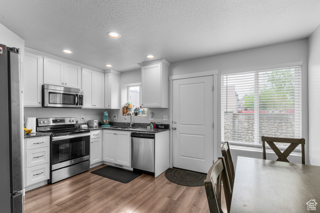 Kitchen with stainless steel appliances, a sink, a textured ceiling, wood finished floors, and recessed lighting