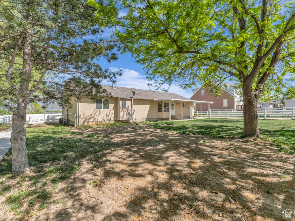 Rear view of property featuring a yard, stucco siding, and a fenced backyard