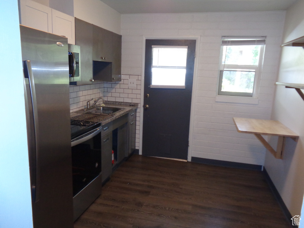 Kitchen with appliances with stainless steel finishes, a sink, dark wood-type flooring, and healthy amount of natural light