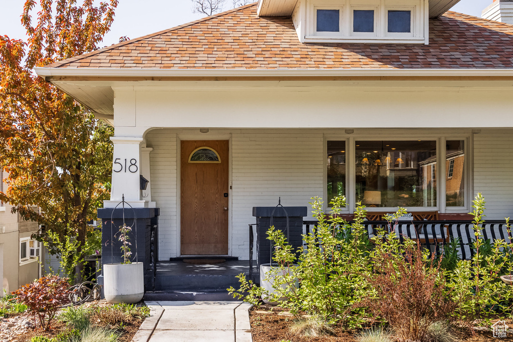 Doorway to property featuring a porch, roof with shingles, and brick siding
