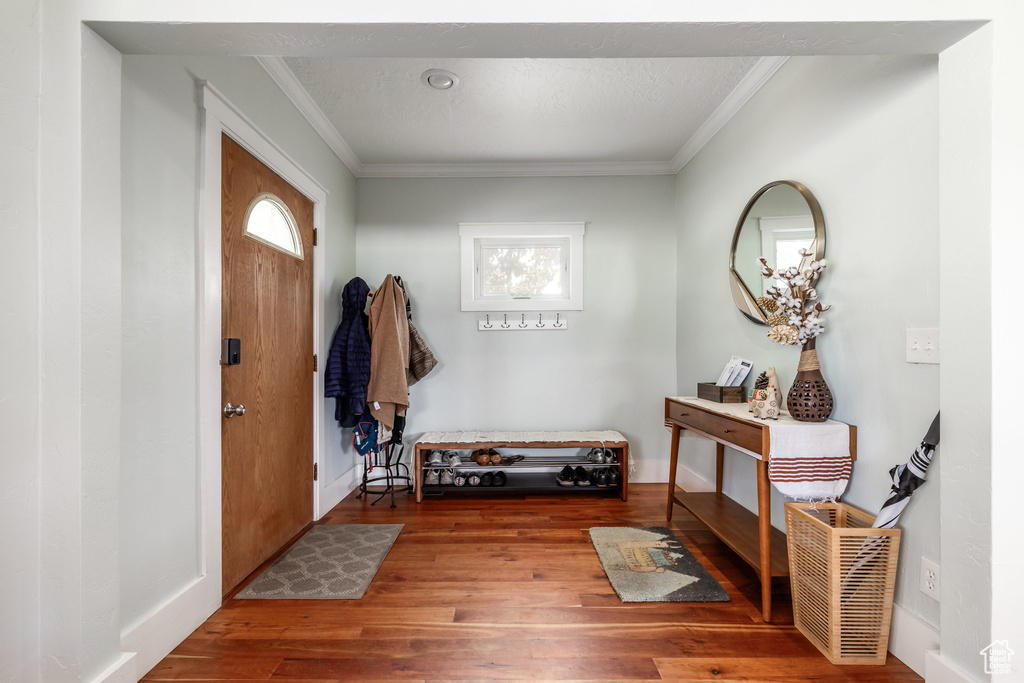 Mudroom featuring ornamental molding, wood finished floors, and baseboards