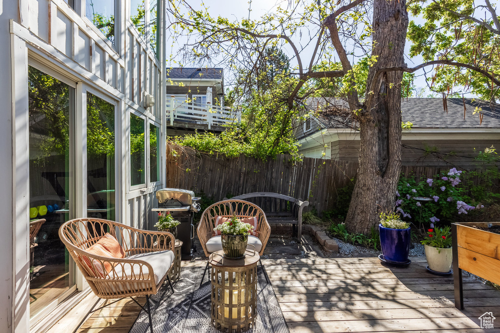View of patio with a deck, a fenced backyard, and area for grilling