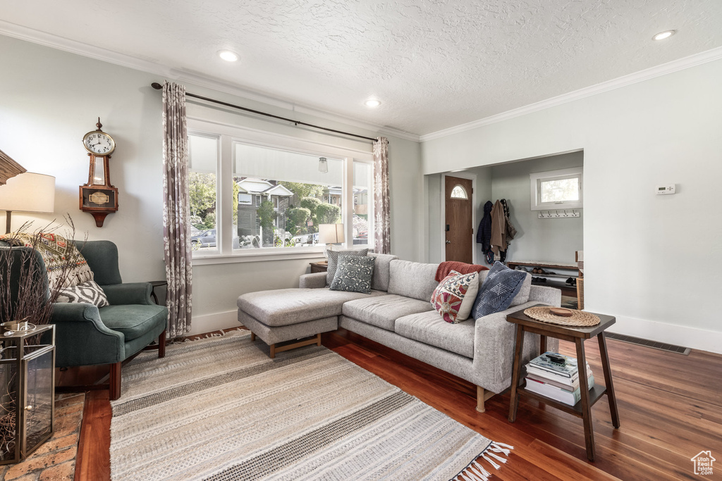 Living room featuring baseboards, crown molding, wood finished floors, a textured ceiling, and recessed lighting