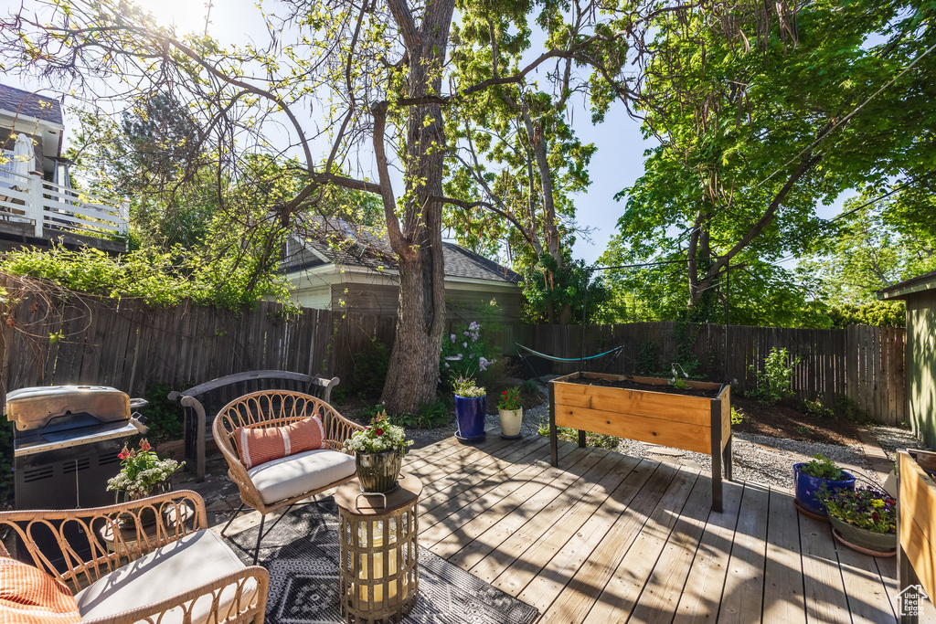 Wooden deck featuring a fenced backyard and grilling area