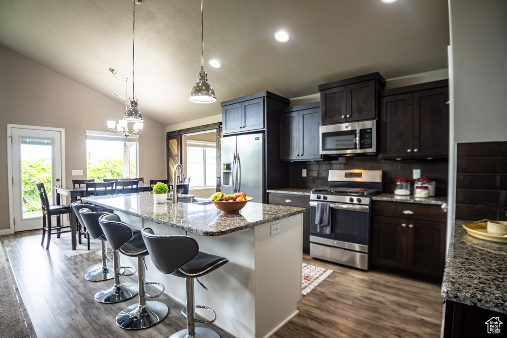 Kitchen with stainless steel appliances, a sink, dark wood finished floors, decorative backsplash, and recessed lighting