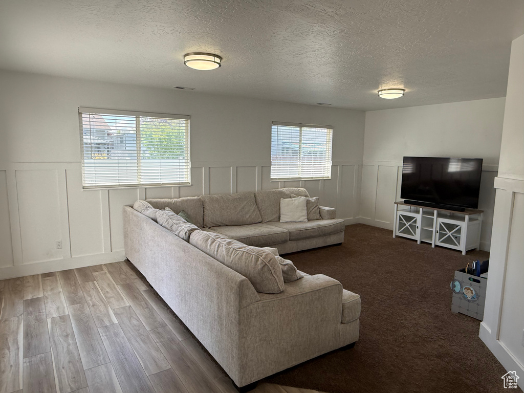 Living room featuring a decorative wall, a textured ceiling, healthy amount of natural light, a wainscoted wall, and wood finished floors