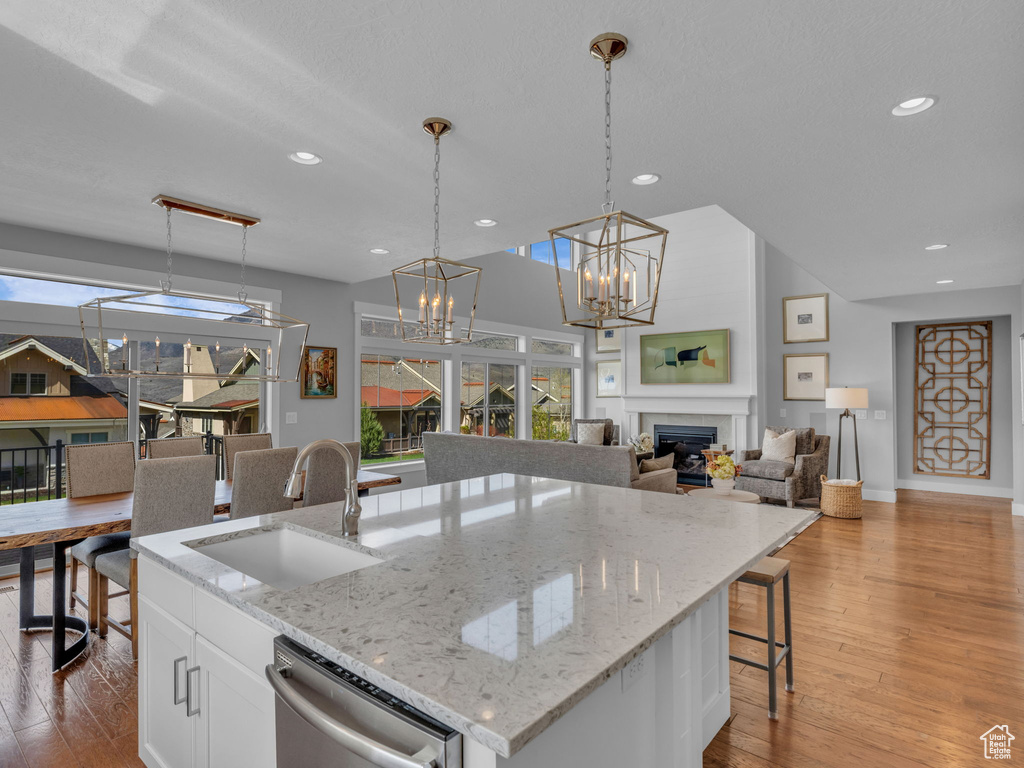 Kitchen with stainless steel dishwasher, a fireplace, a sink, and a healthy amount of sunlight