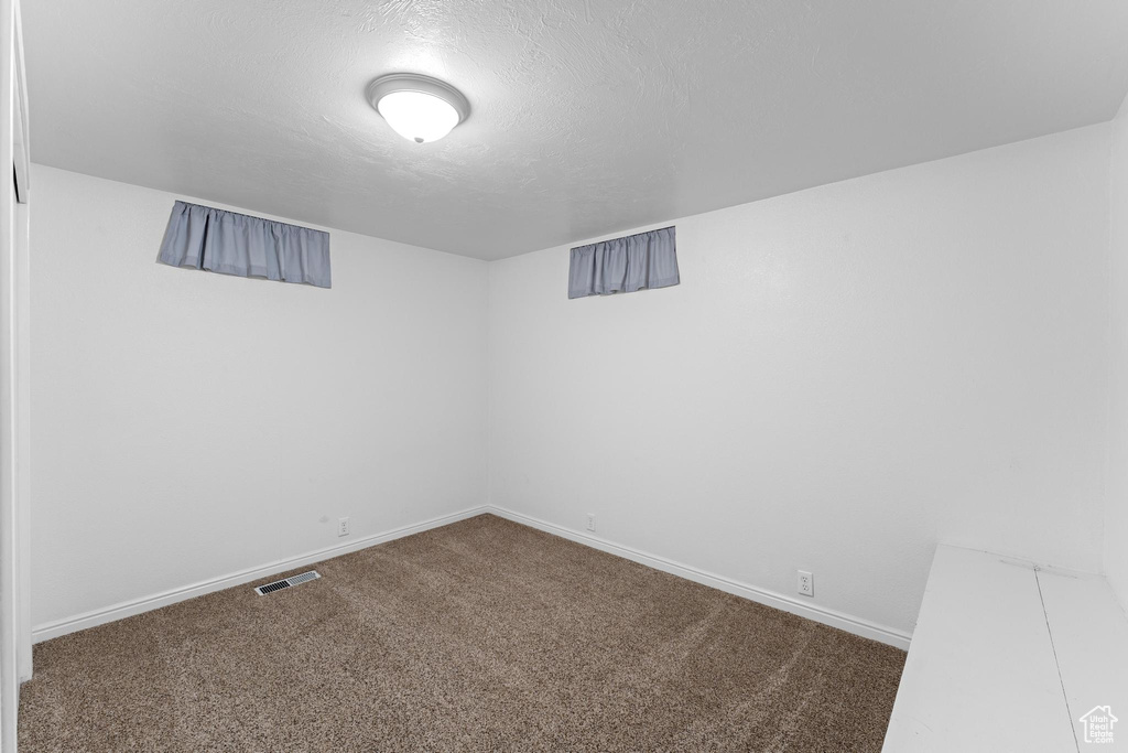 Finished below grade area with carpet floors, baseboards, and a textured ceiling