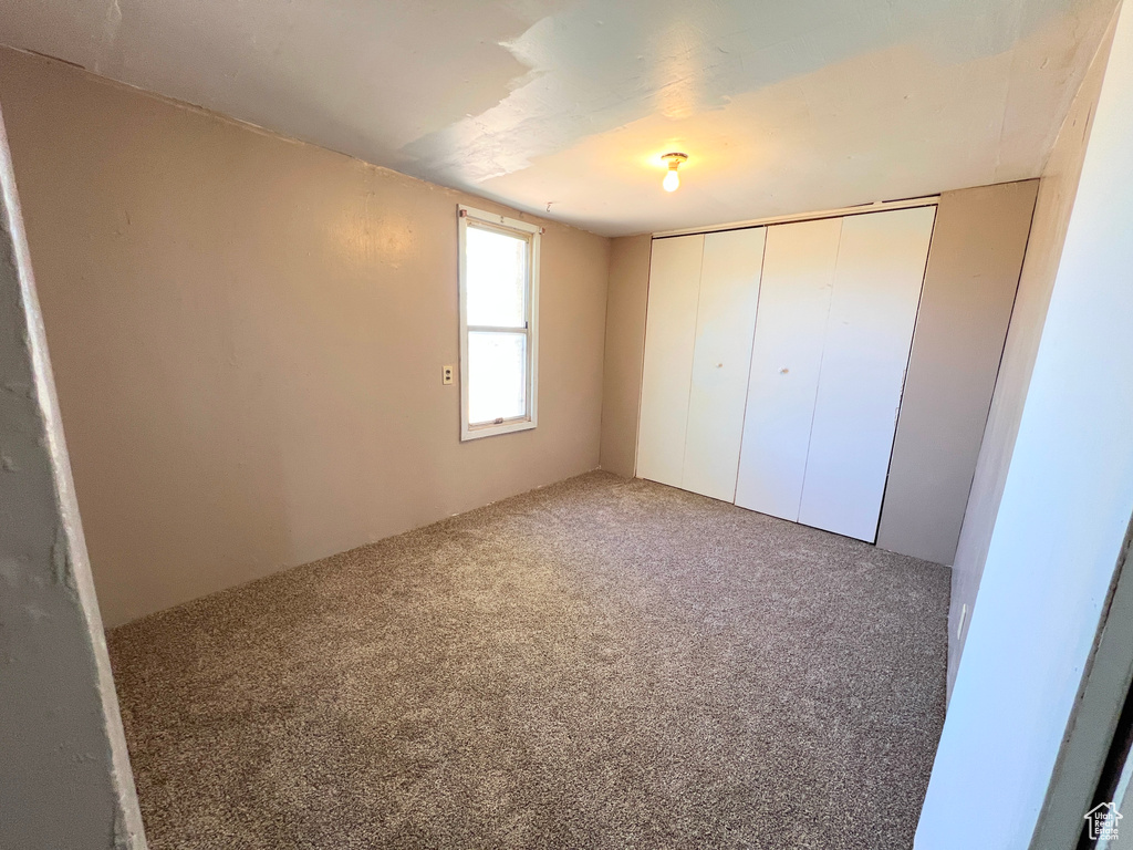 Unfurnished bedroom featuring carpet flooring and a closet