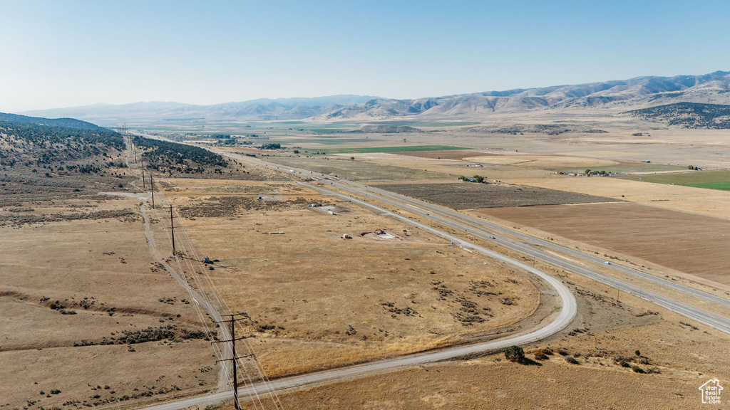 Overview of rural landscape featuring a mountainous background