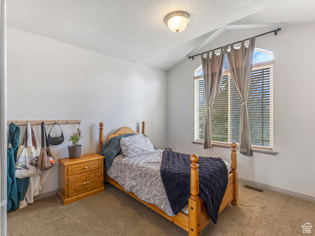 Bedroom featuring carpet, lofted ceiling, and baseboards