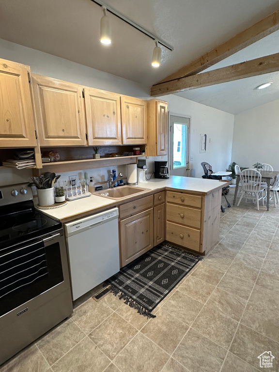 Kitchen with dishwasher, stainless steel electric range oven, light brown cabinetry, a sink, and beamed ceiling