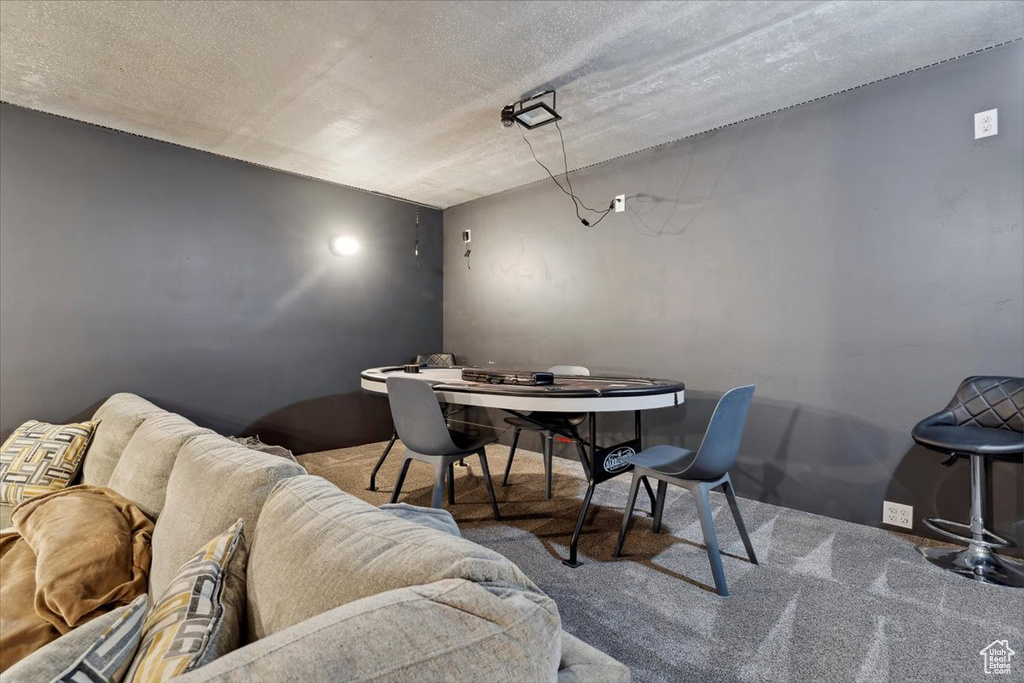 Carpeted dining space featuring a textured ceiling