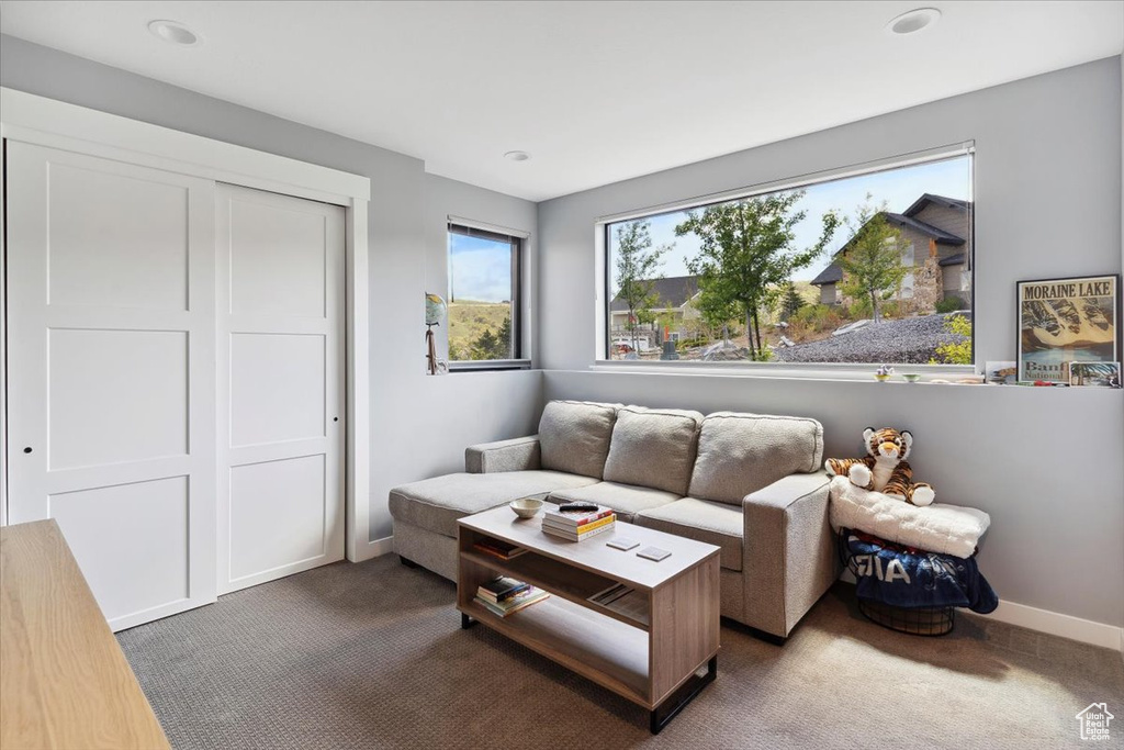 Carpeted living area with baseboards and recessed lighting