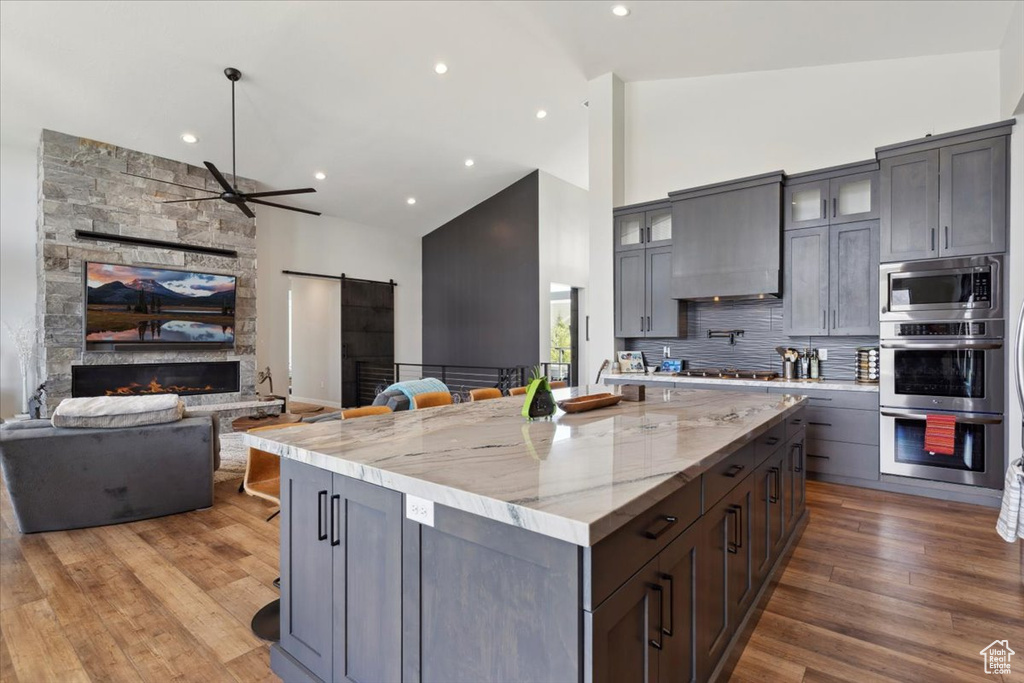 Kitchen featuring a barn door, high vaulted ceiling, open floor plan, a ceiling fan, and appliances with stainless steel finishes