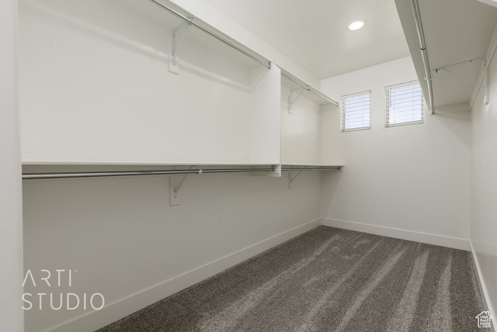Walk in closet featuring dark carpet