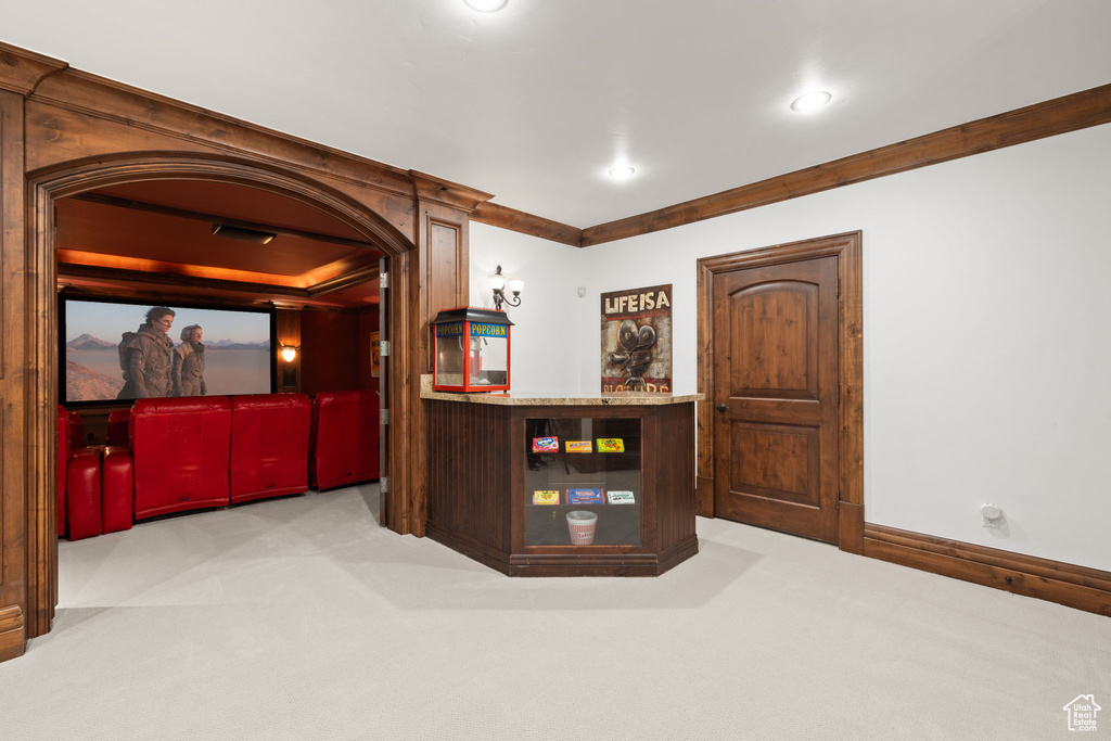 Cinema room featuring carpet flooring, baseboards, ornamental molding, and arched walkways