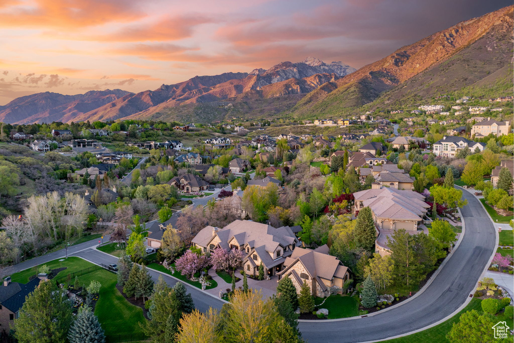 Aerial view at dusk with a mountain view and a residential view